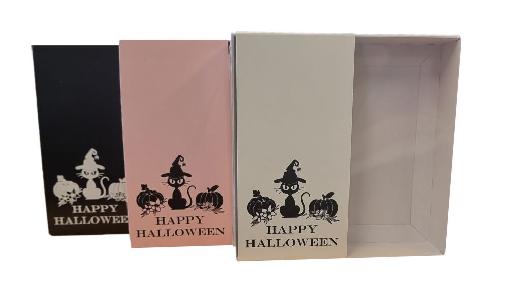 Halloween  Large Square Cookie Box With Clear Lid and Black Cat Foiled Belly Band (Colour to be chosen)-- 155mm x 155mm x 30mm -  Pack of 10