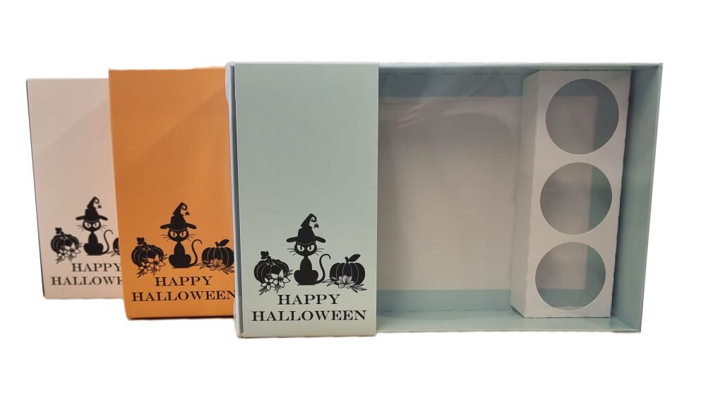 Halloween 50mm Deep Large Cookie Box With Clear Lid, Black Foiled Cat Belly Band And 3pk Mini Cupcake Insert (Colour to be chosen)-240mm x 15