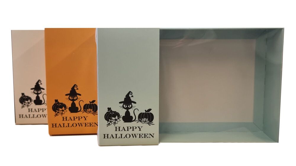 Halloween Cat 50mm Deep Large Cookie Box With Clear Lid & Foiled Belly Band (Colour to be chosen)-240mm x 155mm x 50mm - Pack of 10