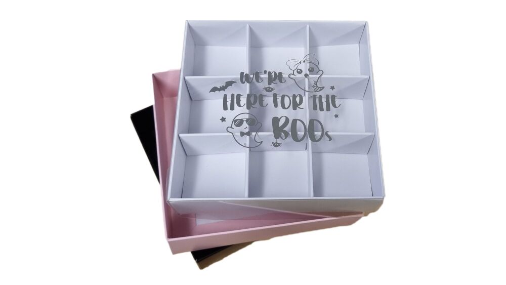 Halloween 9pk Chocolate Box With Insert and Silver Foiled  Clear Lid  (Colour to be chosen) 118mm x 118mm x 30mm - Pack of 10
