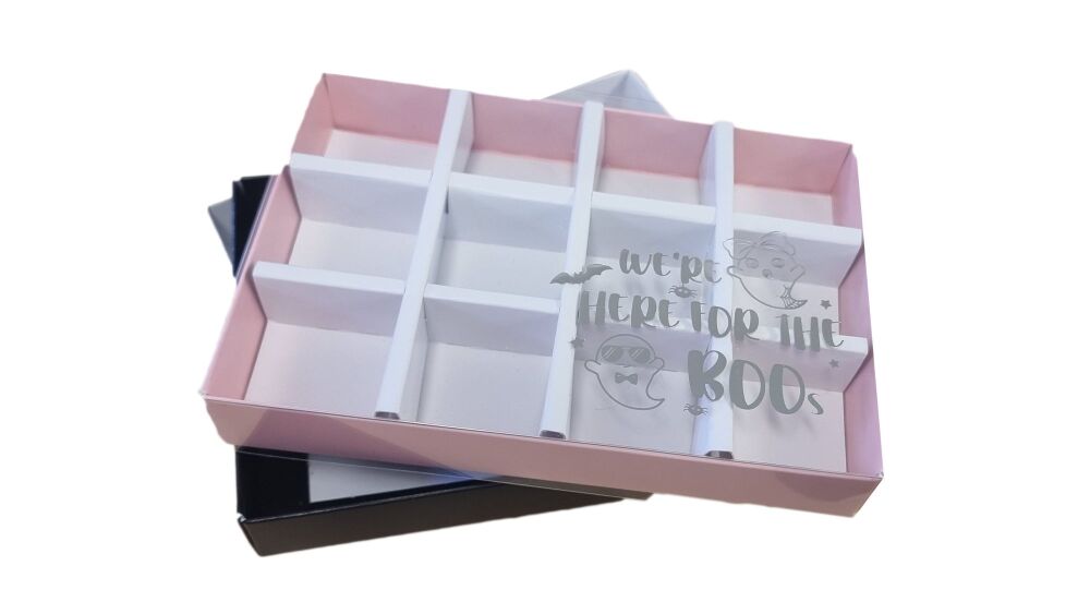 Halloween 12pk Chocolate Box With Silver Foiled Clear Lid & Insert  (Colour to be chosen) - 165mm x 115mm x 26mm - Pack of 10