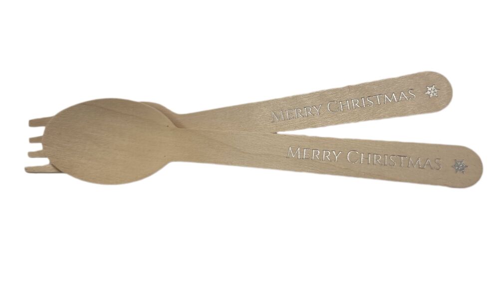 "Merry Christmas" Silver Foiled Wooden Fork or Spoon (Style to be chosen) - 166mm -  Pack of 10