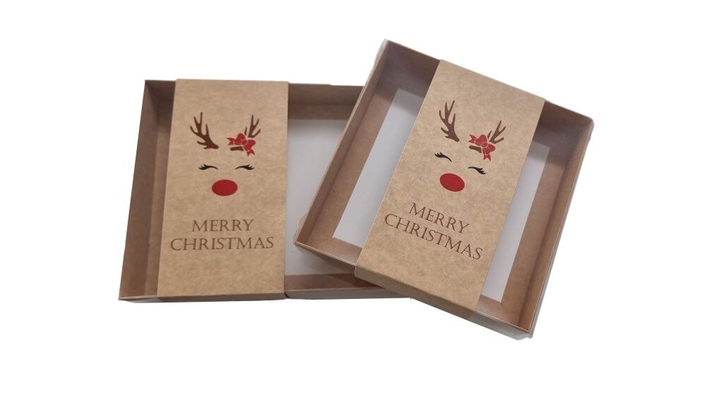 Christmas Reindeer printed Belly Band with Kraft 30mm  Large Rectangle or Square Box With Clear Lid (Size to be chosen & price will vary) - Pack of 10