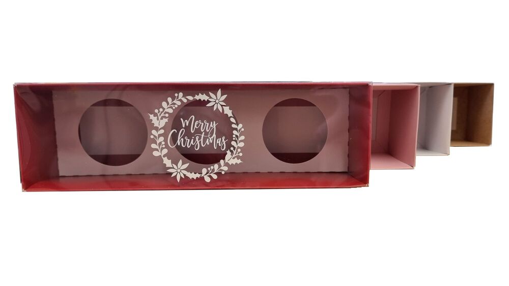 Christmas 3pk Cupcake Box With White Foiled wreath Clear Lid &  Insert (Colour to be chosen & price will vary)  - 270mm x 80mm x 90mm - Pack of