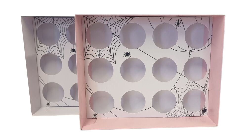 Halloween Cobweb Print 12pk Cupcake Box With Clear Lid & Insert (Colour to be chosen) - 315mm x 250mm x 90 mm - Pack of 10