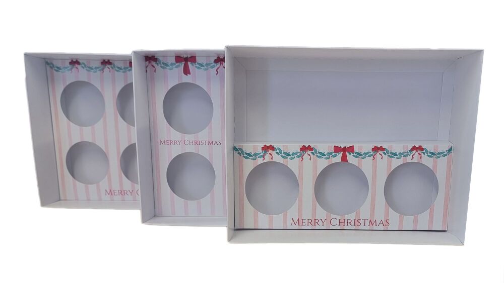 White Christmas Cupcake Hampers Range  with White Base & Printed Insert & Clear Lid (Insert Size to be chosen and Price will vary) Pack of 10