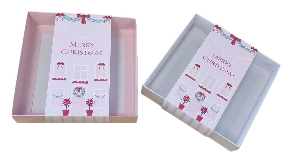 Christmas Square Cookie Box With Printed House Belly Band & Clear Lid (Colour Base to be chosen ) - 155 x 155 x 30mm - Pack of 10