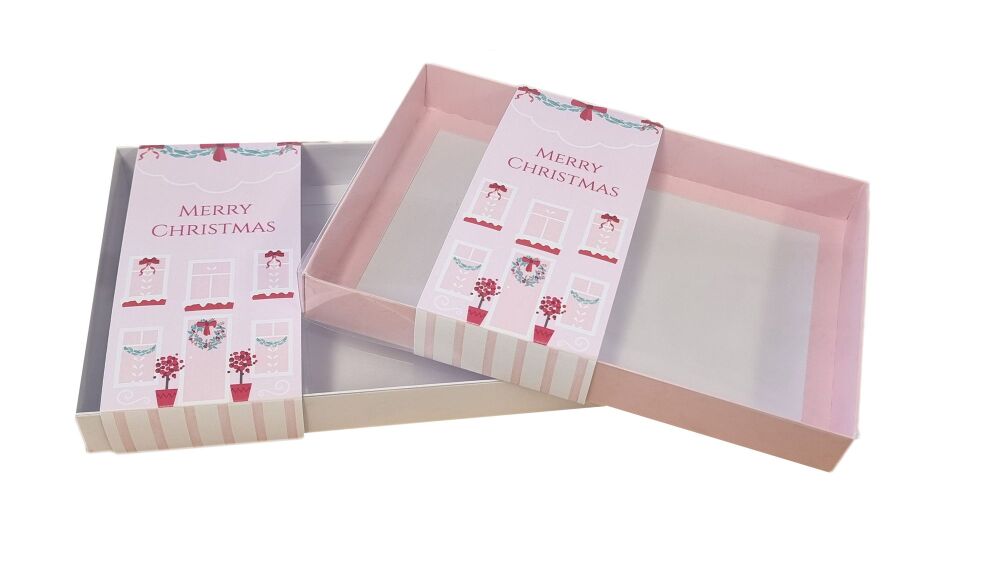 Christmas Rectangle Cookie Box With Printed House Belly Band & Clear Lid (Colour Base to be chosen ) - 240 X 155 X 30mm - Pack of 10