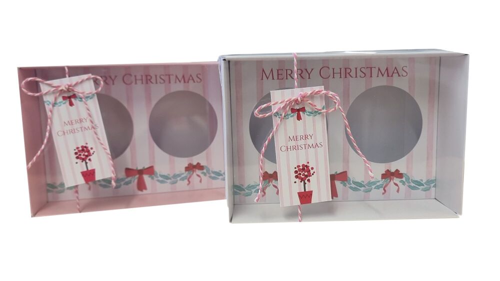 Christmas 70mm Deep 2pk Cupcake Box with Clear Lid, Printed Insert & Tag (Colour to be chosen & Twine not included) - 165mm x 115mm x 70mm- Pack of 10