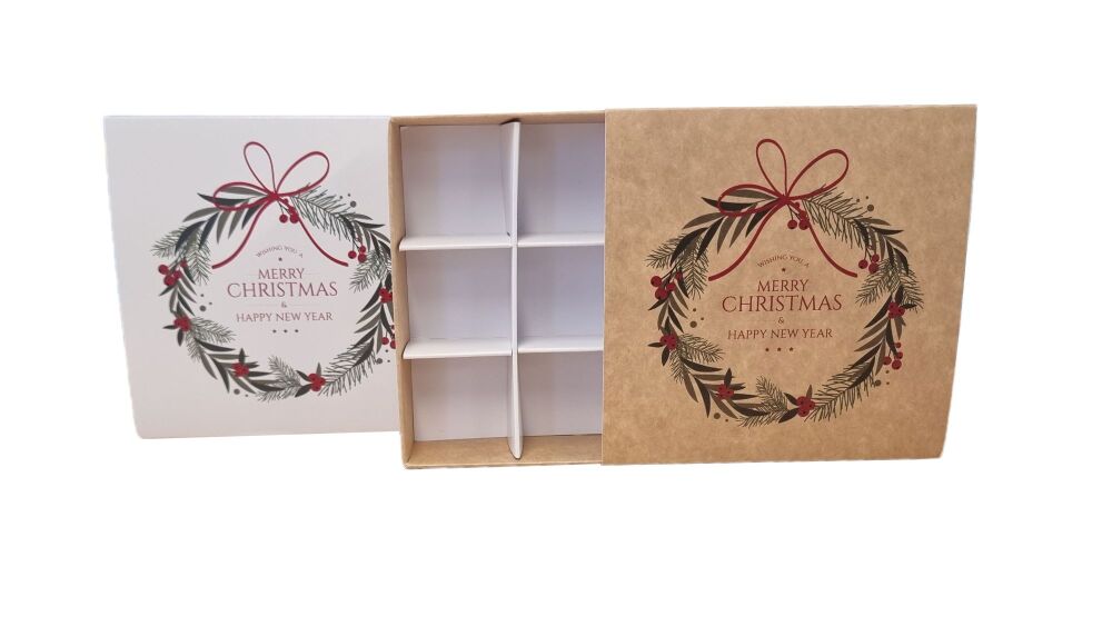 Christmas 9pk Chocolate Box  with Full Printed Wreath Sleeve & Base (Colour to be chosen) - 118mm x 118mm x 30mm - Pack of 10