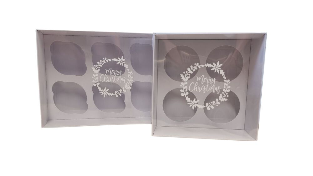 Christmas Cupcake Boxes With Inserts and White Foiled Wreath on Clear Lid (Size to be chosen & price will vary) Pack of 10