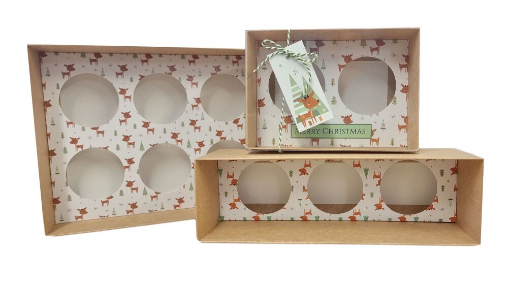 Kraft Woodland Cupcake Boxes with Printed Insert, Clear Lid & Tag (Box size to be chosen and Price will vary) Pack of 10