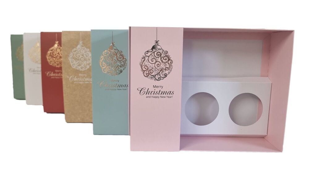 Christmas Bauble Hamper Boxes With Clear Lid, Gold Foiled Belly Band & 3PK Cupcake Inserts (Colour to be chosen)- 250mm x 195mm x 70mm- Pack of 10