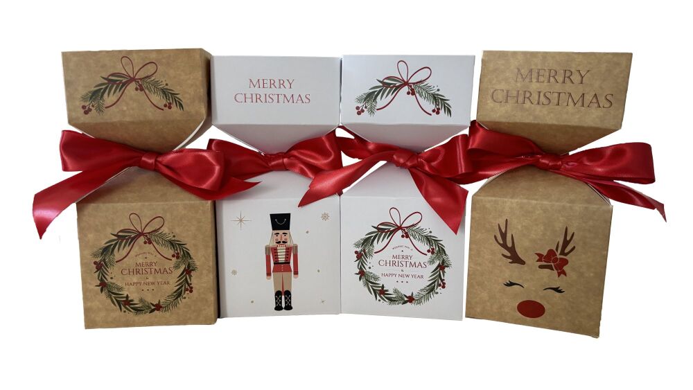 Christmas Themed Half Cracker Style Box (Print to be chosen) RIBBON NOT INCLUDED  -Cavity Box Size: 80mm x 80mm x 80mm - Pack of 10