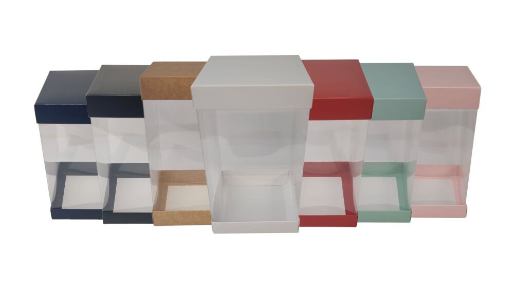 Luxury 250mm Tall Cake Box for 6" Cake Board, Clear Sleeve, Colour Base and Coloured Lid (Colour to be chosen) -  155mm x 155mm x 250mm - Pack of 5