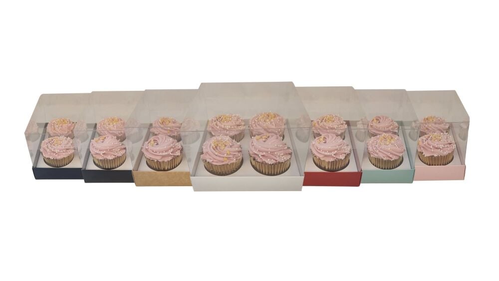 100mm High Luxury 4pk Cupcake Box with Clear Sleeve , Coloured Base, Clear Lid & Insert  (Colour to be chosen) -  155mm x 155mm x 100mm - Pack of 5