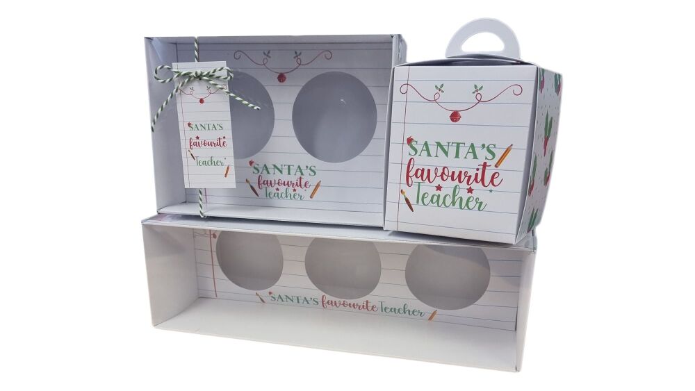 Santa's Favourite Teacher Cupcake Boxes with Printed Insert, Clear Lid & Tag (Box size to be chosen and Price will vary) Pack of 10