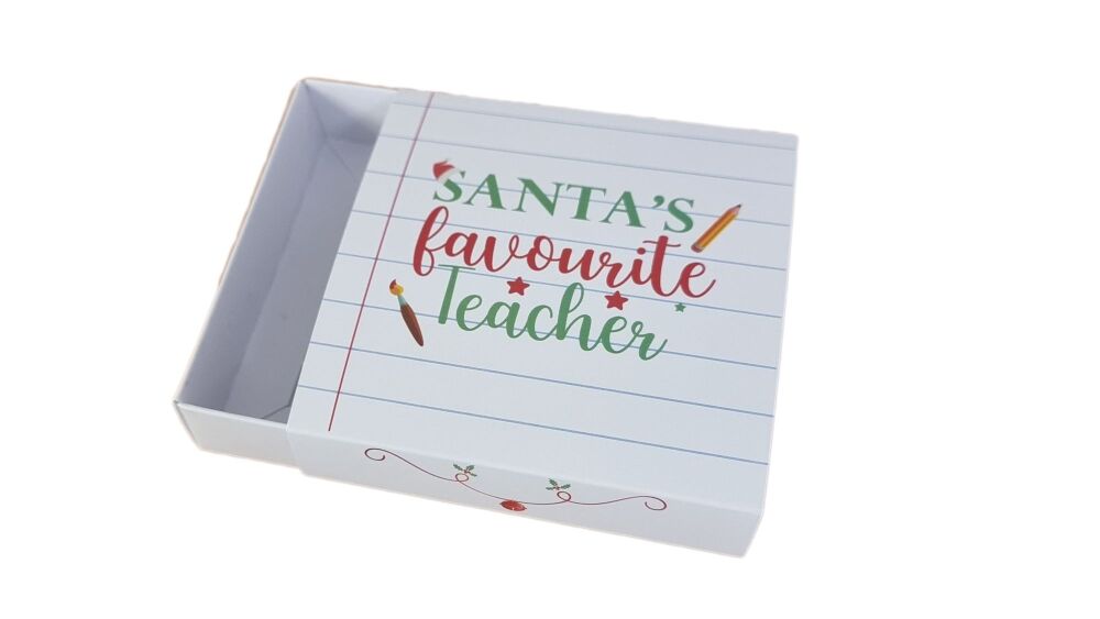 Santa's Favourite Teacher Single Cookie Box With Printed Sleeve and White Base -93mm x 93mm x 20mm- Pack of 10