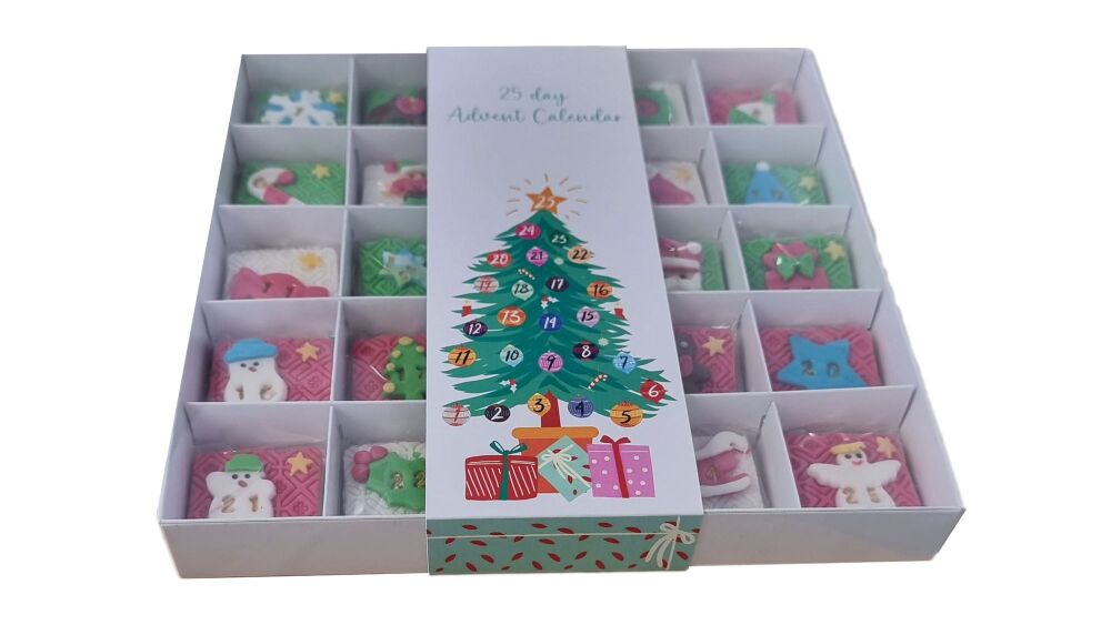 White 25 day Advent Calendar  Square Cookie Box With 25 cavity Spaces, Clear Lid & printed Belly Band- 230mm x 230mm x 30mm - Pack of 10