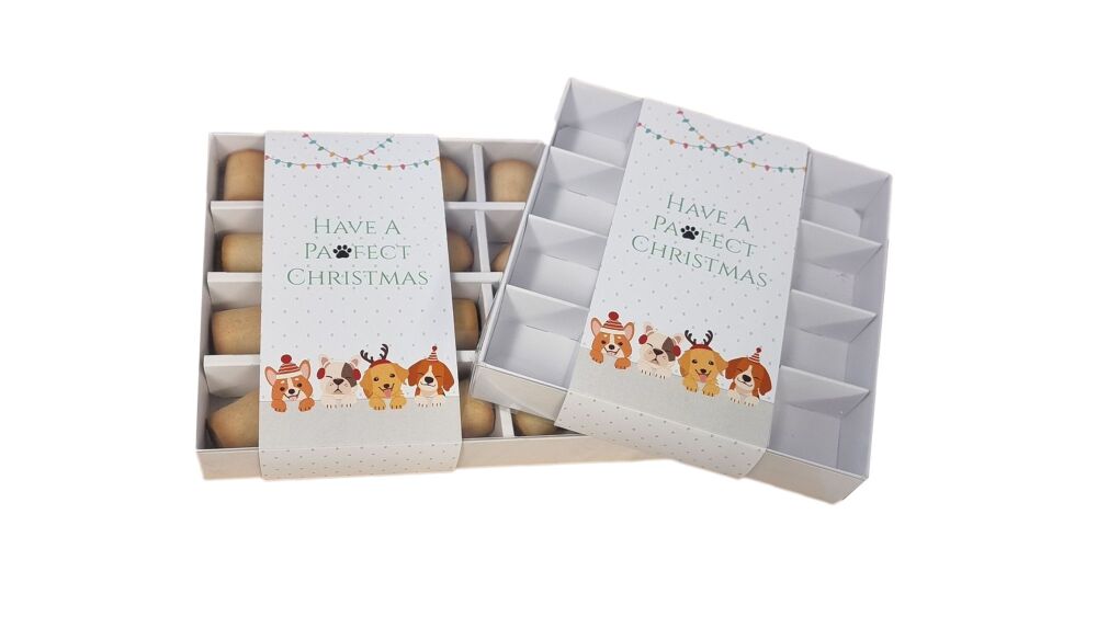 Dogs "Have a Pawfect Christmas" printed Belly Band with 24pk inserts White 30mm Large Rectangle or 16pk Square Box With Clear Lid (Size to be chosen &