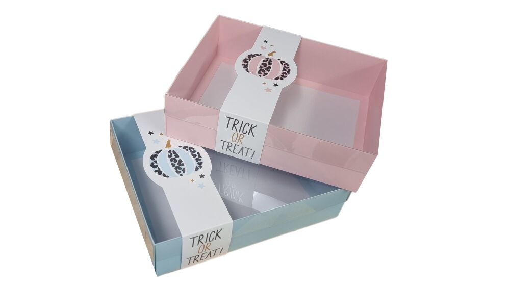 Pink/Blue Halloween Hamper Box with Clear Lid & Printed Belly Band (Colour 