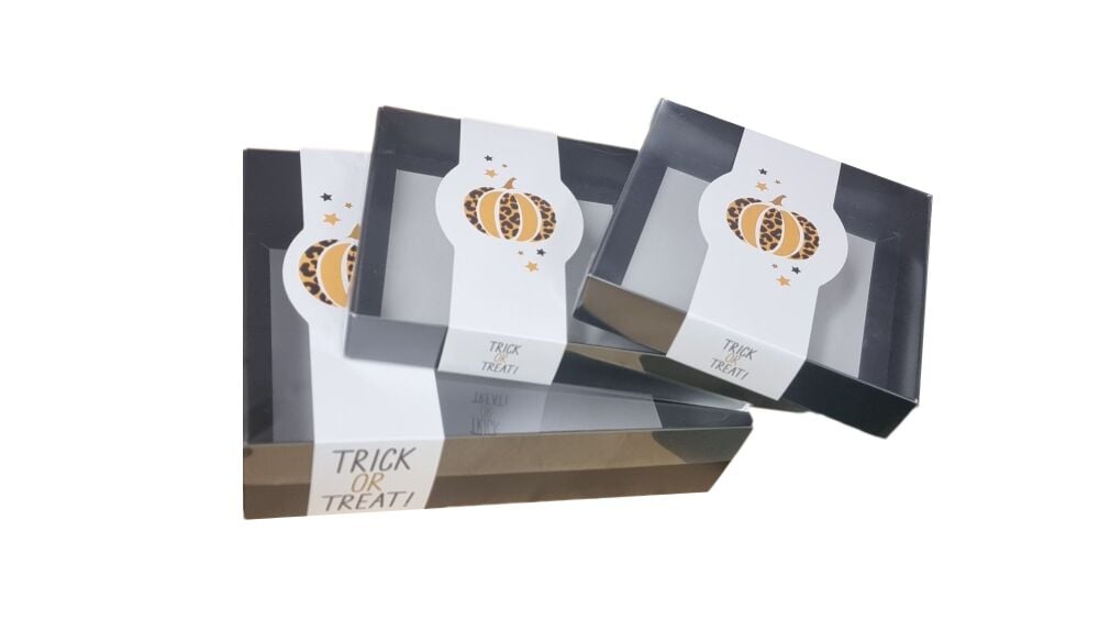 Black & Orange Halloween  Box Range with Clear Lid & Printed Belly Band (size to be chosen & price will vary)- 250 x 195 x 70mm - Pack of 10