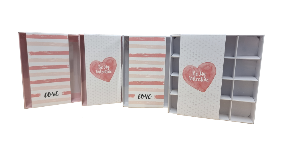 Valentine's  16pk Square Chocolate Box Range With Clear Lid and Printed Band (Colour & Design to be chosen) - 155mm x 155mm x 30mm -  Pack of 10