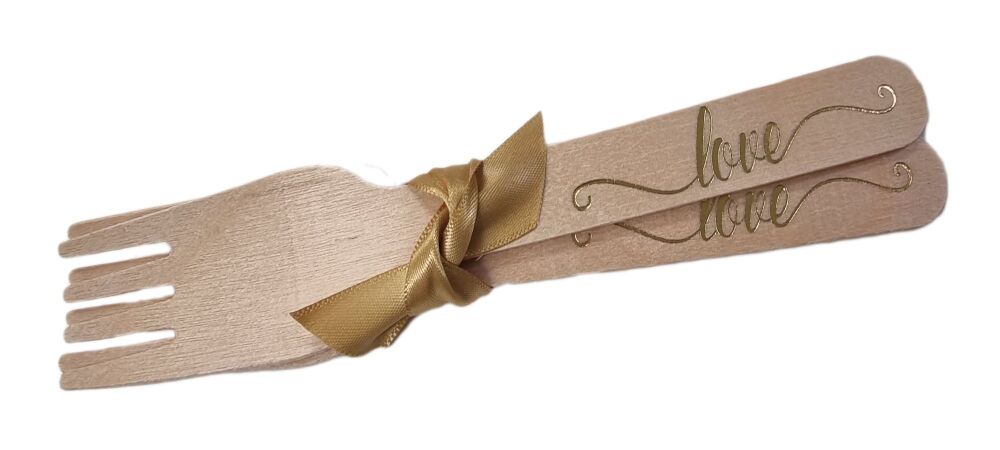 "Love"  Gold Foiled Wooden Fork - 166mm -  Pack of 10