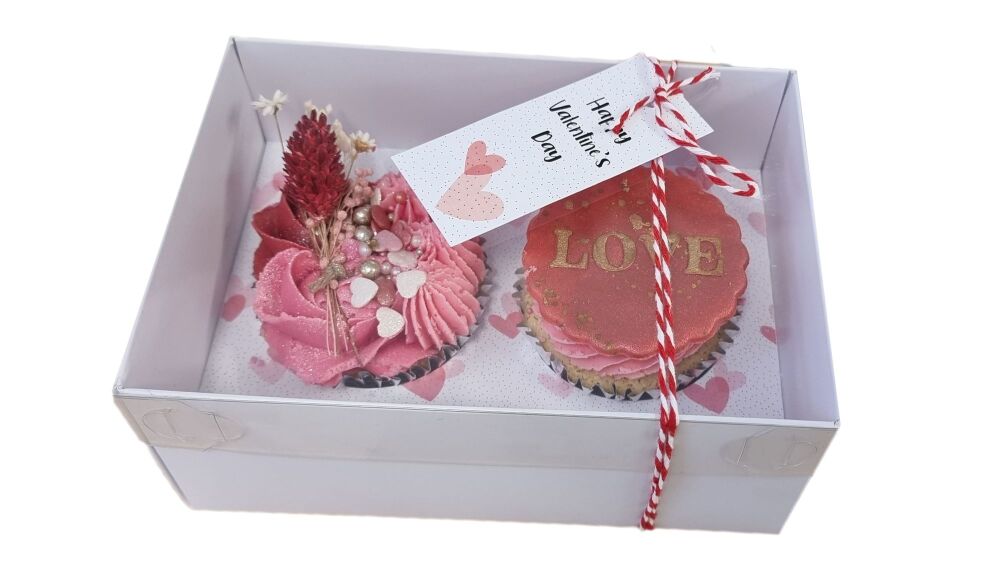 Valentines 70mm Deep 2pk Cupcake Box with Clear Lid, Printed Insert & Tag  - 165mm x 115mm x 70mm- Pack of 10