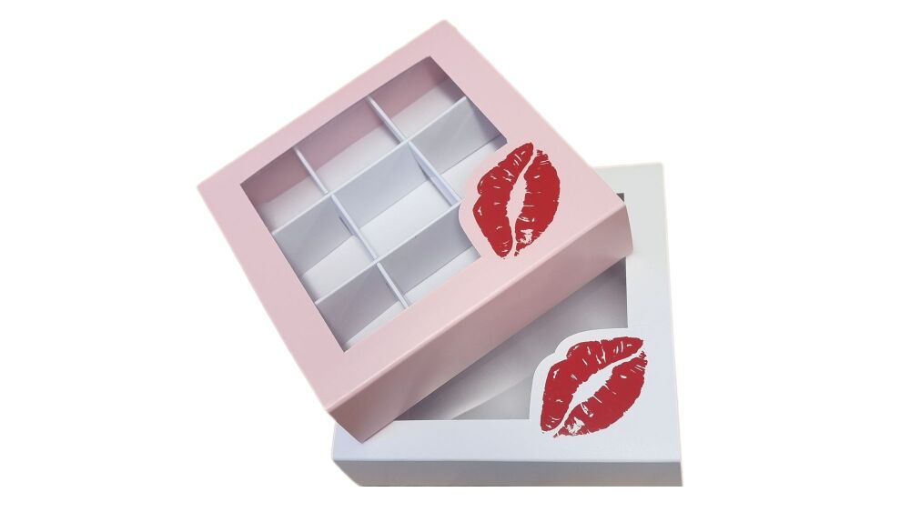 Valentines 9pk Chocolate Box With Acetate Lid, Insert & Foil lips logo (Col
