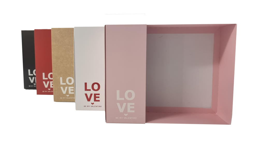 Valentine's Hamper Boxes & Clear Lid & "Love"  Foiled Belly Band (Colour to be chosen)- 250mm x 195mm x 70mm - Pack of 10