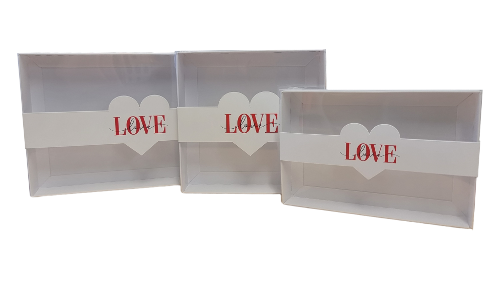 Valentines Cookie Box & Heart Belly Band , White Base & Clear Lid (Size to be chosen & price will vary) Pack of 10