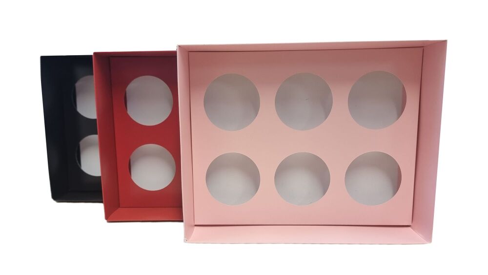 NEW 70mm Deep 6pk Cupcake Box (Colour to be chosen) With Clear Lid and matching colour Insert - 250mm x 195mm x 70mm - Pack of 10