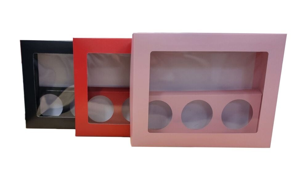 NEW Luxury 70mm Hamper Box With 3pk Cupcake Insert (Colour to be chosen) With Window Lid  - 250mm x 195mm x 70mm - Pack of 10