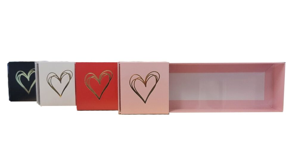 Valentines 40mm Deep Long Rectangle Box With Clear Lid & Foiled Heart Belly Band (Colour to be chosen)- 270mm x 80mm x 40mm - Pack of 10