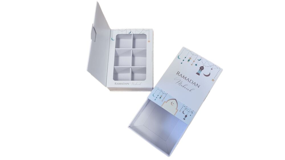 Ramadan 6pk Chocolate Libro Box or Date Box with Printed Sleeve, White Base, Acetate Window & Insert (Style to be chosen & price will vary)  115mm x 8