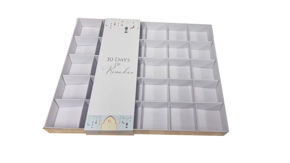 Ramadan Extra Large Rectangle Cookie Box With 30 cavity Spaces, Clear Lid & Printed Belly band- 315mm x 250mm x 30mm - Pack of 5