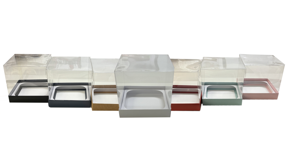 Luxury 150mm Tall Bento Cake Box for 5" Cake, Clear Sleeve, Colour Base and Coloured Lid & Insert (Colour to be chosen) -  155mm x 155mm x 150mm - Pac