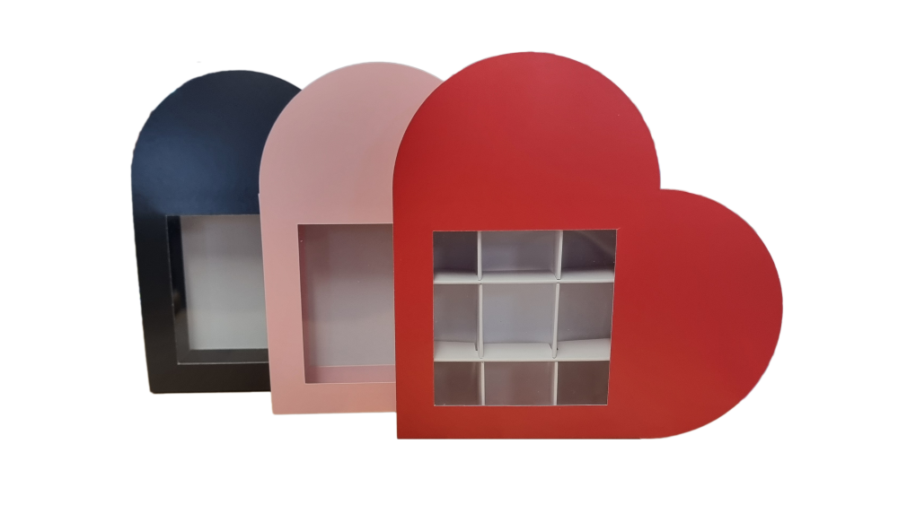 Luxury 9pk Chocolate Box with Heart Sleeve and aperture window (Colour to be chosen) 118mm X 118mm X 30mm - Pack of 10