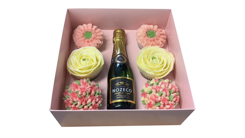 Pink 6pk Cupcake and Mini Bottle Box with matching Colour Insert & Clear Lid - 230mm x 230mm x 90mm - Pack of 10