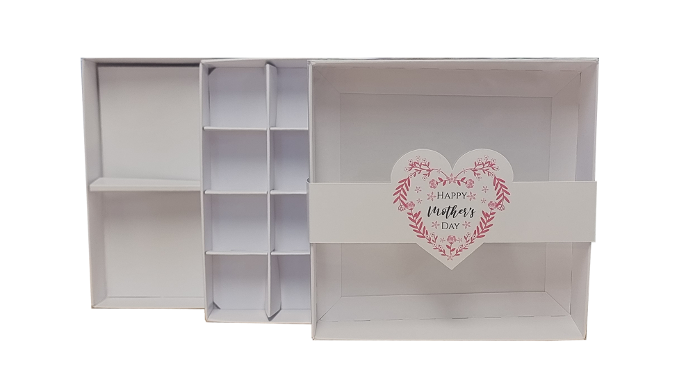 White Mother's Day Square Cookie Box Range with Printed Pink Heart Flower Belly Band, Clear Lid & White Inserts (Style Of Box To Be Chosen) -155 x 155