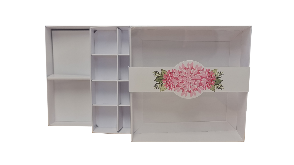 White Mother's Day Square Cookie Box Range with Printed Pink Round Flower Belly Band, Clear Lid & White Inserts (Style Of Box To Be Chosen) -155 x 155