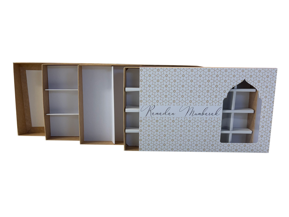 Ramadan Rectangle Box Range Printed Full Sleeve & Acetate Window Aperture ( Style to be chosen)-240mm x 155mm x 30mm -  Pack of 10