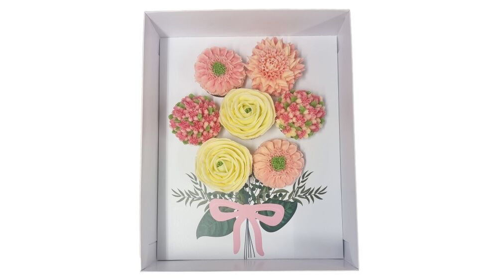 Flower Bouquet 7pk Cupcake White Box with Clear Lid and Printed Insert (Pattern to be chosen) - 250mm x 315mm x 90 mm - Pack of 10