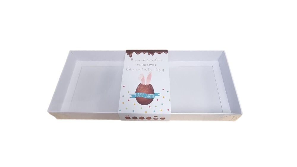 Easter "Decorate your own Chocolate Egg" Long Rectangle White Base, printed Belly Band with Clear Lid - Pack of 10