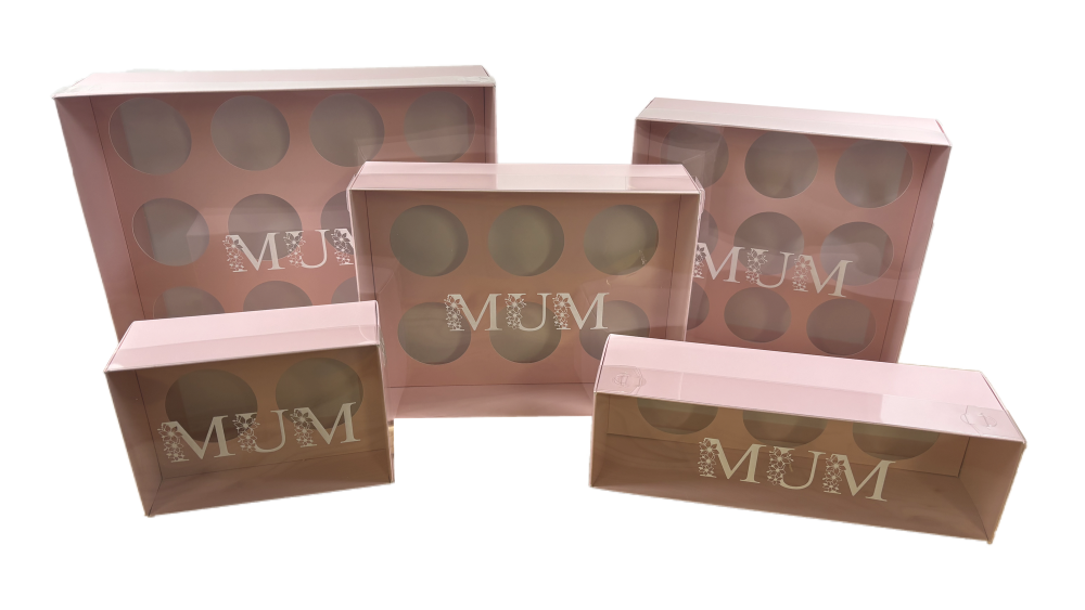 Pink Mother's Day Cupcake Boxes & Pink Inserts and White Foiled "MUM" Clear Lid (Size to be chosen and Price will vary) Pack of 10