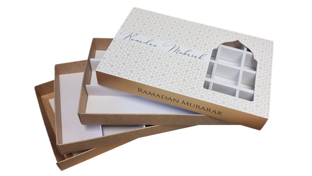 Ramadan Mubarak Rectangle Box, Printed Full Sleeve & Acetate Window Aperture - 240 x 155 x 30mm -  10Pk