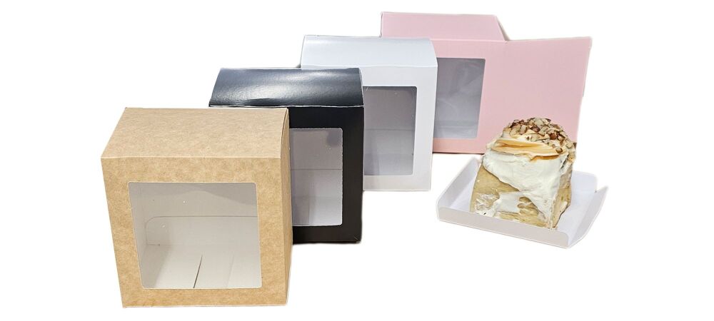 Small Cake Box with Aperture Window and Tray (Colour to be chosen) - 105mm x 105mm x 80mm - Pack of 10