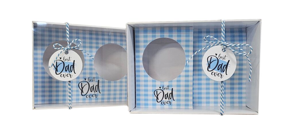 Father's Day 70mm Deep Single or Double Cupcake Box with Clear Lid & Printed Gingham Design Insert & Tag (Insert to be chosen & price will vary) (Twin