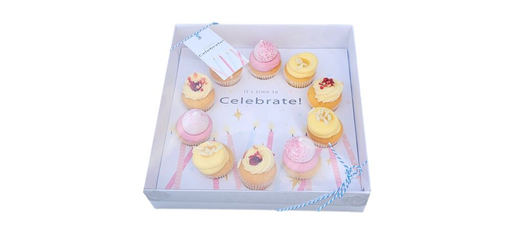Birthday 10pk Mini Cupcake Box with Clear Lid and Printed Insert White Base